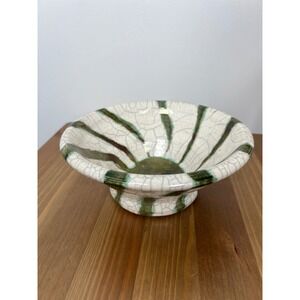 Artisan Ceramic Footed Bowl Crackle Glaze Green Stripes Signed Kirk Hayes